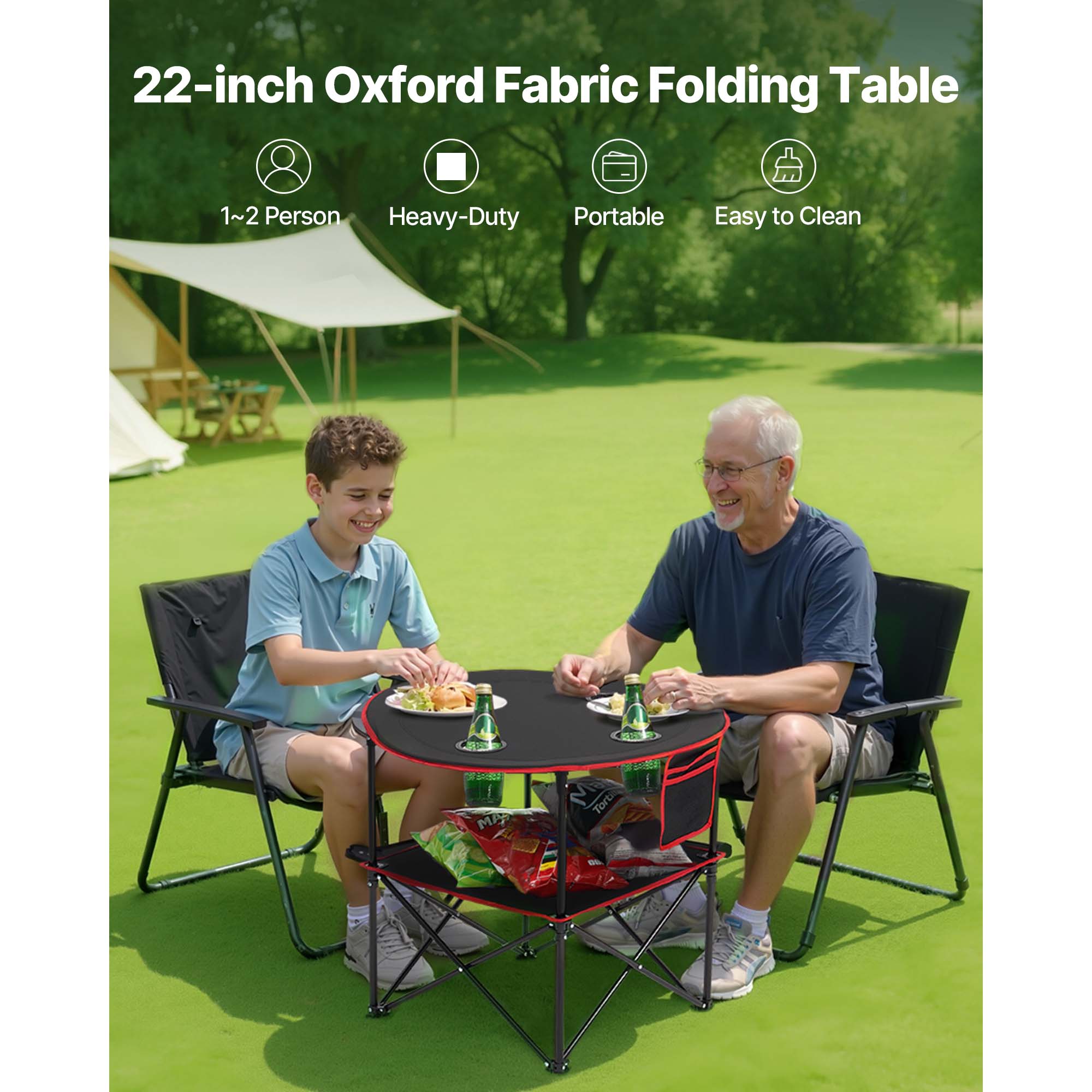 Folding Portable Camping Table Oxford Outdoor Picnic RoundTable 4 Cup Holders_voghion.com